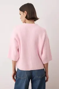 TRENDYOLMİLLA Wardrobe Essentials Pink Soft textured Wide Pattern Short Sleeve Basic Knitwear Cardigan | - Image 4