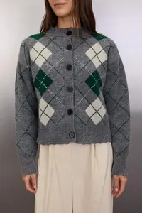 TRENDYOLMİLLA Anthracite Soft textured Baklava/Plaid pattern Knitwear Cardigan - Image 3