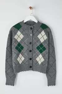 TRENDYOLMİLLA Anthracite Soft textured Baklava/Plaid pattern Knitwear Cardigan - Image 5