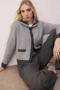 TRENDYOLMİLLA Gray Color Bloklu Turndown collar Knitwear Cardigan