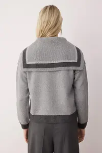 TRENDYOLMİLLA Gray Color Bloklu Turndown collar Knitwear Cardigan - Image 4