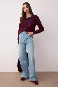 TRENDYOLMİLLA Burgundy Collar Detailed Diamond Patterned Knitwear Cardigan - Image 2