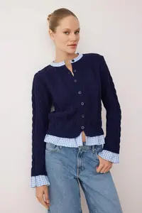 TRENDYOLMİLLA Navy Blue Plaid Garni Collar Detailed Knitwear Cardigan