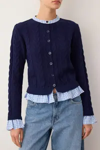 TRENDYOLMİLLA Navy Blue Plaid Garni Collar Detailed Knitwear Cardigan - Image 3