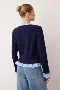 TRENDYOLMİLLA Navy Blue Plaid Garni Collar Detailed Knitwear Cardigan - Image 4