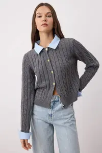 TRENDYOLMİLLA Anthracite Kombine Hair Knitting Knitwear Cardigan
