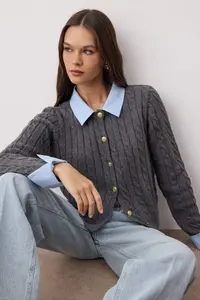 TRENDYOLMİLLA Anthracite Kombine Hair Knitting Knitwear Cardigan - Image 2
