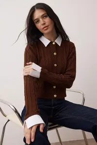 TRENDYOLMİLLA Brown Kombine Hair Knitting Knitwear Cardigan