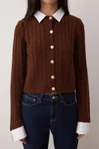 TRENDYOLMİLLA Brown Kombine Hair Knitting Knitwear Cardigan - Image 3