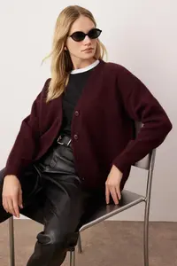 TRENDYOLMİLLA Wardrobe Essentials Burgundy Alpaca Blend Basic Knitwear Cardigan