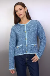 TRENDYOLMİLLA Mavi Soft textured Button Detailed Knitwear Cardigan