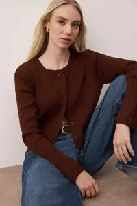 TRENDYOLMİLLA Brown Spanish Arm Knitwear Cardigan - Image 2