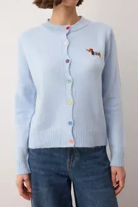 TRENDYOLMİLLA Baby Blue Crew Neck Soft textured Dog Embroidered Knitwear Cardigan - Image 3