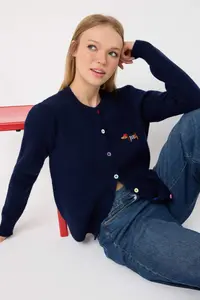 TRENDYOLMİLLA Navy Blue Crew Neck Soft textured Dog Embroidered Knitwear Cardigan - Image 2