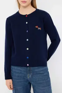 TRENDYOLMİLLA Navy Blue Crew Neck Soft textured Dog Embroidered Knitwear Cardigan - Image 3