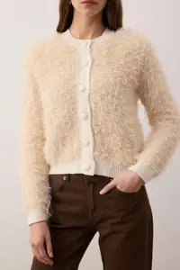 TRENDYOLMİLLA Beige Soft textured Hairy Knitwear Cardigan - Image 3