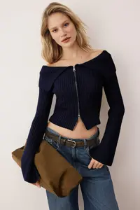 TRENDYOLMİLLA Navy Blue Turndown collar Double Zippered Knitwear Cardigan - Image 2