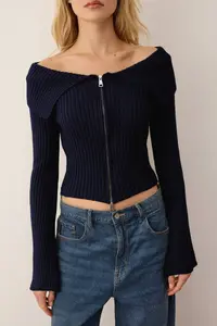 TRENDYOLMİLLA Navy Blue Turndown collar Double Zippered Knitwear Cardigan - Image 3