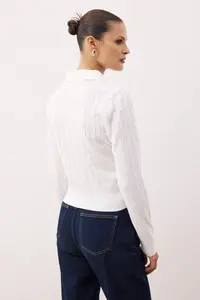 TRENDYOLMİLLA White At Embroidered Polo Shirt Collar Hair Knitting Knitwear Sweater - Image 5
