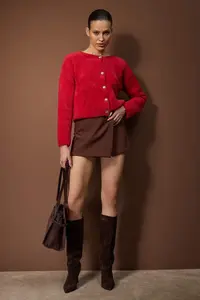 TRENDYOLMİLLA Red Jewel Button Detailed Soft Textured Knitwear Cardigan