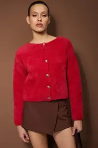 TRENDYOLMİLLA Red Jewel Button Detailed Soft Textured Knitwear Cardigan - Image 2