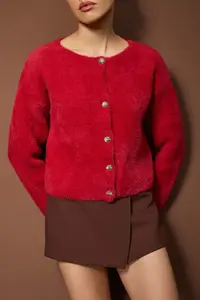 TRENDYOLMİLLA Red Jewel Button Detailed Soft Textured Knitwear Cardigan - Image 3
