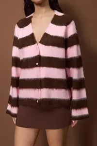 TRENDYOLMİLLA Pink Striped Crew Neck Knitwear Cardigan - Image 3