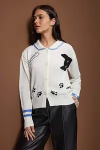 TRENDYOLMİLLA Ecru Kedi Patterned Polo Shirt Collar Knitwear Cardigan - Image 2
