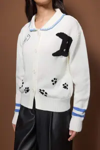 TRENDYOLMİLLA Ecru Kedi Patterned Polo Shirt Collar Knitwear Cardigan - Image 3