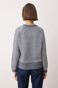 TRENDYOLMİLLA Navy Blue Crew Neck Striped Knitwear Cardigan - Image 4