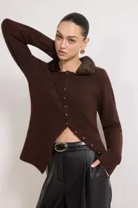 TRENDYOLMİLLA Brown Leopard Fur Detailed Soft textured Knitwear Cardigan