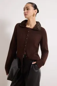 TRENDYOLMİLLA Brown Leopard Fur Detailed Soft textured Knitwear Cardigan - Image 2