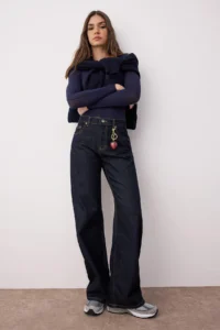 TRENDYOLMİLLA Dark Blue High Waist Wide Leg Wide Leg 100% Cotton Non-Stretch jeans - Image 2