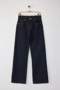 TRENDYOLMİLLA Dark Blue High Waist Wide Leg Wide Leg 100% Cotton Non-Stretch jeans - Image 5