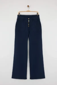 TRENDYOLMİLLA Special Collection Navy Blue Button Detailed High Waist Wide Leg comfort Flexible Comfortable jeans