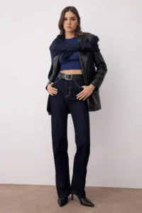 TRENDYOLMİLLA Dark Blue High Waist Straight/Plain Kesim 100% Cotton jeans
