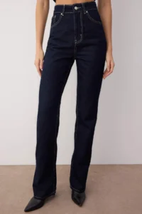 TRENDYOLMİLLA Dark Blue High Waist Straight/Plain Kesim 100% Cotton jeans - Image 3