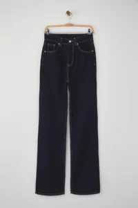 TRENDYOLMİLLA Dark Blue High Waist Straight/Plain Kesim 100% Cotton jeans - Image 5
