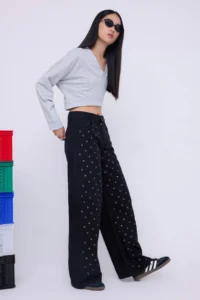 TRENDYOLMİLLA Teen Black eyelet Detailed High Waist Wide Leg jeans - Image 3