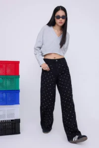 TRENDYOLMİLLA Teen Black eyelet Detailed High Waist Wide Leg jeans - Image 4
