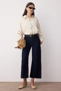 TRENDYOLMİLLA Dark Blue Middle Waist Detailed Waist Cut-out culotte Ankle Size 100% Cotton jeans