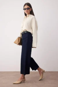 TRENDYOLMİLLA Dark Blue Middle Waist Detailed Waist Cut-out culotte Ankle Size 100% Cotton jeans - Image 2