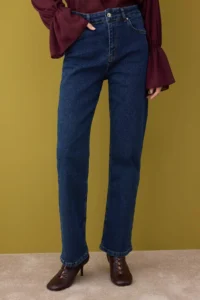 TRENDYOLMİLLA Dark Blue High Waist comfort/Flexible/Rahat Straight Plain Kesim Pipe Both jeans - Image 3