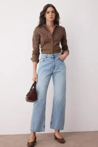 TRENDYOLMİLLA Light Blue High Waist Rahat Straight Plain Kesim Pipe Both jeans - Image 2