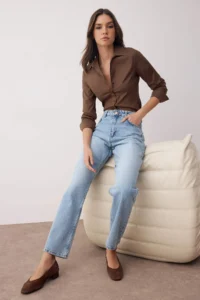 TRENDYOLMİLLA Light Blue High Waist Rahat Straight Plain Kesim Pipe Both jeans - Image 3