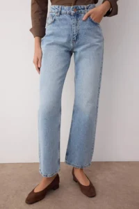 TRENDYOLMİLLA Light Blue High Waist Rahat Straight Plain Kesim Pipe Both jeans - Image 4