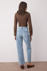 TRENDYOLMİLLA Light Blue High Waist Rahat Straight Plain Kesim Pipe Both jeans - Image 5