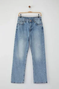 TRENDYOLMİLLA Light Blue High Waist Rahat Straight Plain Kesim Pipe Both jeans - Image 6