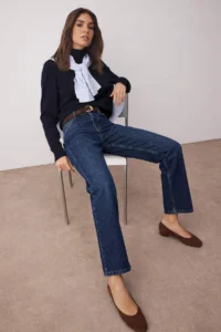 TRENDYOLMİLLA Dark Blue High Waist Straight Pipe Both Plain Kesim 100% Cotton Non-Stretch jeans - Image 2
