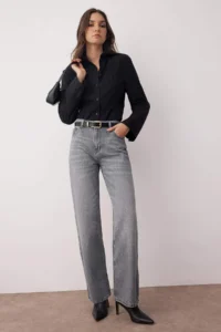 TRENDYOLMİLLA Gray High Waist Wide Leg Wide Leg Palazzo Pants 100% Cotton Non-Stretch jeans - Image 2